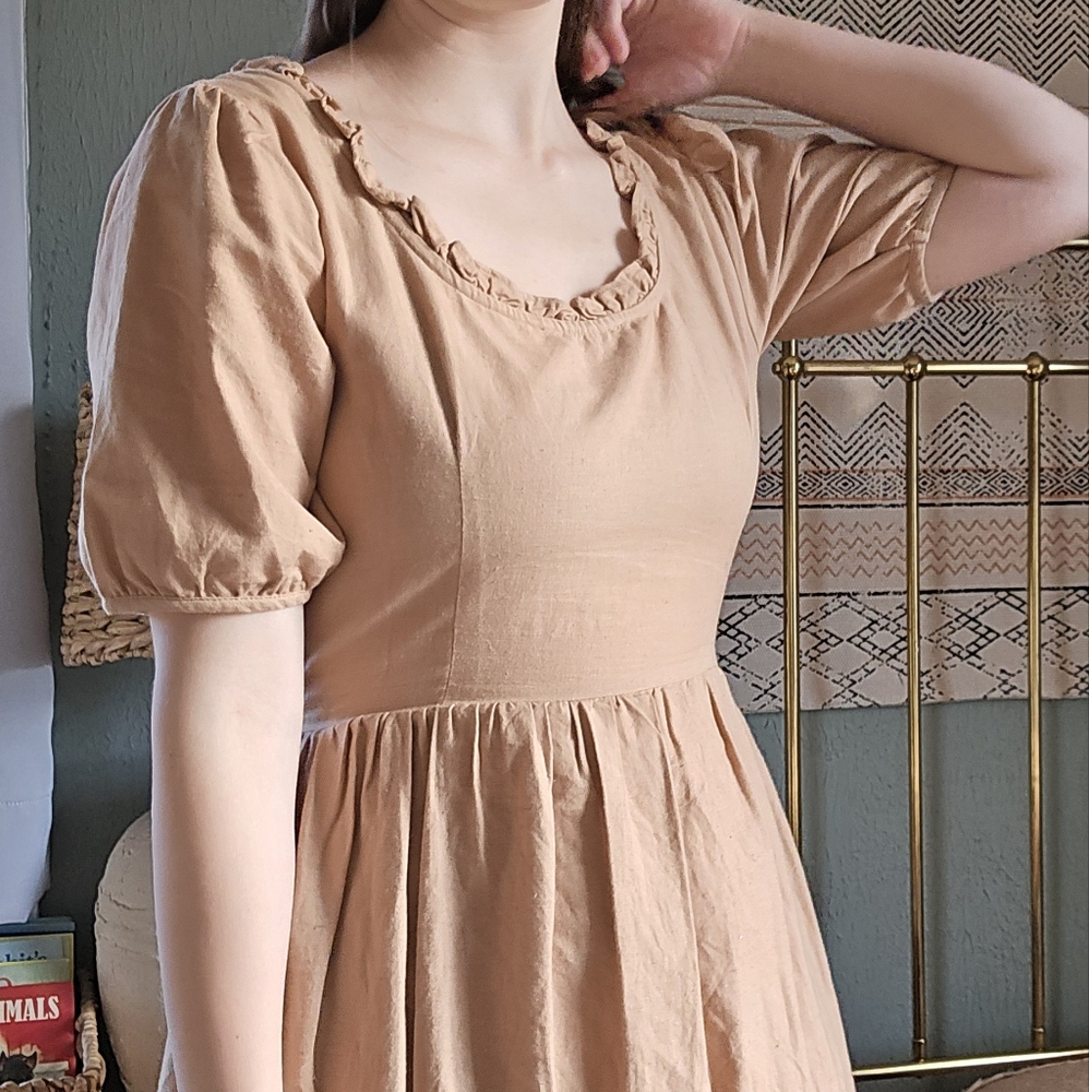 SOLDLittle Cottonwood Birdy Dress | Elegant Tan Puff Sleeve Dress Linen & Cotton